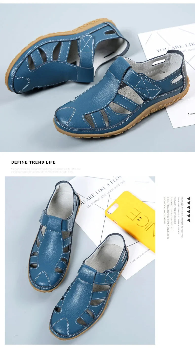 Women Ladies Female Mother Genuine Leather Shoes Sandals Gladiator Summer Beach Cool Hollow Soft Hook Loop Shoes