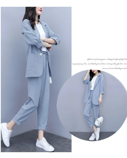 Spring and Autumn New Fashion Plus Size Women's Three Piece Suit Cotton Blended Single Button Coat Nine Point Pants Office