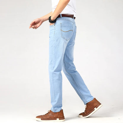 New Summer Business Men's Jeans Casual Straight Stretch Fashion Classic sky Blue  Work Denim Trousers Male Brand Clothing