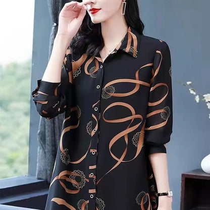 Lapel Long Sleeve Casual Shirt Single-breasted Thin Mid-aged Blouse Top Mother Printing Mid-length Shirt Daily Garment