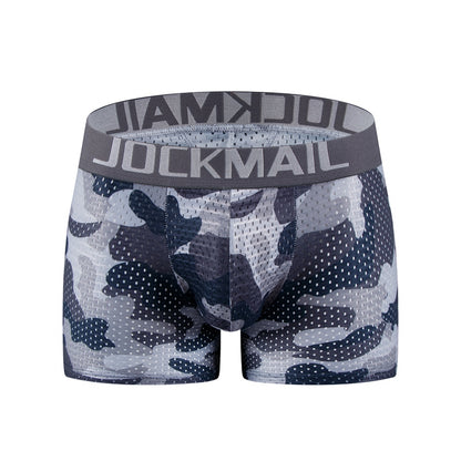 Men's Sexy Fashion Ice Silk Mesh Breathable Soft Comfortable Butt Lift Boxer Briefs Underwear Low Waist Camouflage Quick Dry