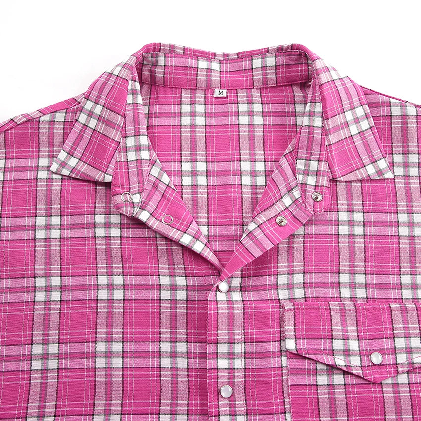 Mnealways18 Pink Brightly Plaid Shirts For Women Spring Summer 2024 Long Sleeves Classic Lapel Blouses And Tops Oversize Checked