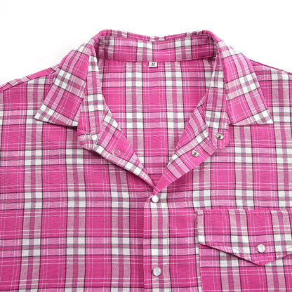 Mnealways18 Pink Brightly Plaid Shirts For Women Spring Summer 2024 Long Sleeves Classic Lapel Blouses And Tops Oversize Checked