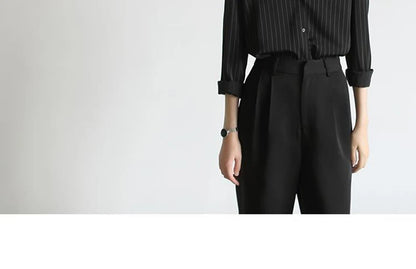 MEXZT Vintage Black Striped Shirts Women Office Long Sleeve Loose Casual Blouses Lady Korean Fashion Elegant Chic All Match Tops