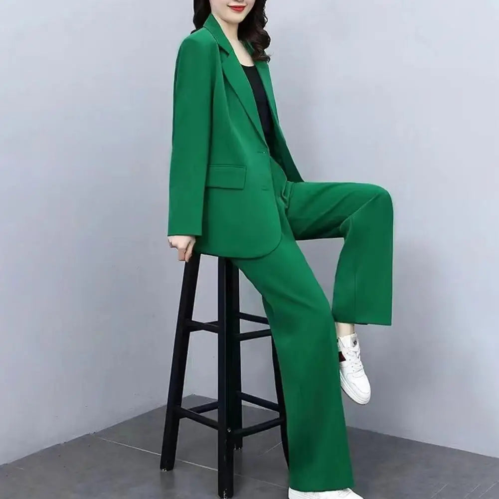 Women Formal Two-piece Set Breathable Two-piece Set Formal Business Style Women's Coat Pants Suit Set with Lapel Button for Work