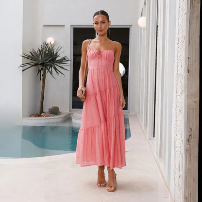 European And American Women's New Spliced Suspender Long Backless Tie Big Swing Dress With Lining