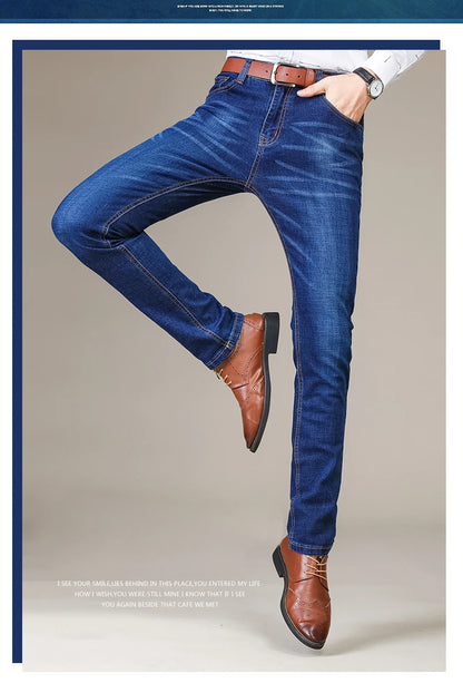 Business Men's Jeans Casual Straight Stretch Fashion Classic Blue Black Work Denim Trousers Male Brand Clothing