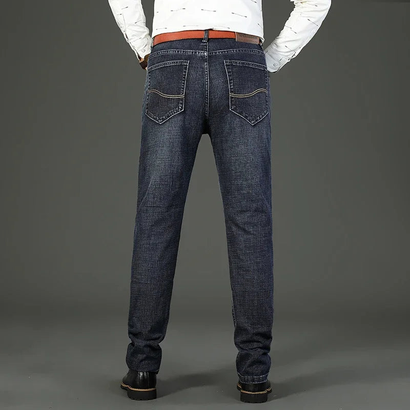 2025 Fashion Four Seasons Classic Blue Black Work Denim Trousers  Men's Jeans Casual Straight Stretch Male Brand Clothing