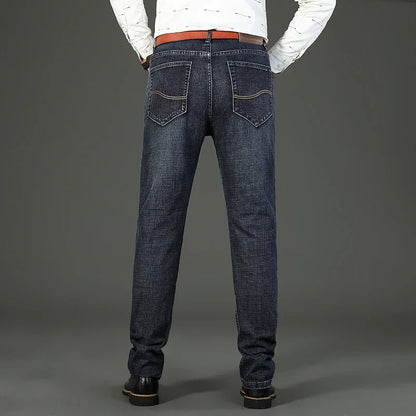 2025 Fashion Four Seasons Classic Blue Black Work Denim Trousers  Men's Jeans Casual Straight Stretch Male Brand Clothing