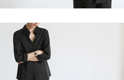 MEXZT Vintage Black Striped Shirts Women Office Long Sleeve Loose Casual Blouses Lady Korean Fashion Elegant Chic All Match Tops