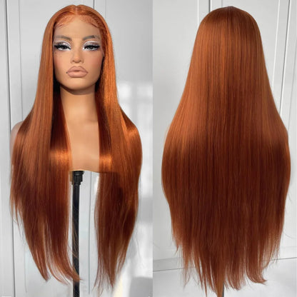 Ginger Orange Color Long Straight Hair 13*4 Lace Front Wigs Copper Red Hair Glueless Pre Plucked Synthetic Lace Front Wigs