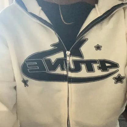 2023 Autumn and Winter Harajuku Hooded Coat Y2k Street Girl Boy Thicken Jacket Top Funny Star Pattern Pullover Hoodie