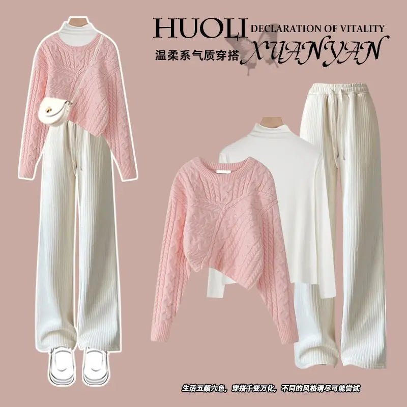 Autumn and Winter Set Women's 2024 New Korean Knitted Sweater Women's Underlay Casual Pants Three Piece Set Winter Clothes Women