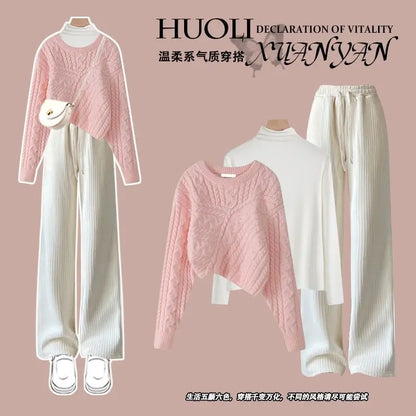 Autumn and Winter Set Women's 2024 New Korean Knitted Sweater Women's Underlay Casual Pants Three Piece Set Winter Clothes Women