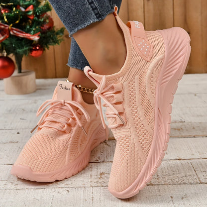 Ladies knitted sports shoes lightweight lace-up low-cut running and tennis sports shoes breathable holiday fitness sports shoes.
