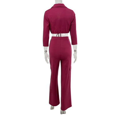 Elegant Women's Set Casual Drawstring Half Sleeve Short Blouse High Waist Straight Wide Leg Pant Suit Tracksuit Two Piece Outfit