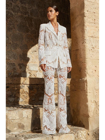HIGH STREET Newest 2024 Designer Runway Suit Set Women's Single Button Guipure Lace Sequined Blazer Pants Suit