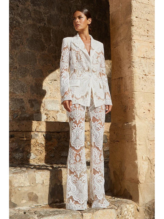 HIGH STREET Newest 2024 Designer Runway Suit Set Women's Single Button Guipure Lace Sequined Blazer Pants Suit