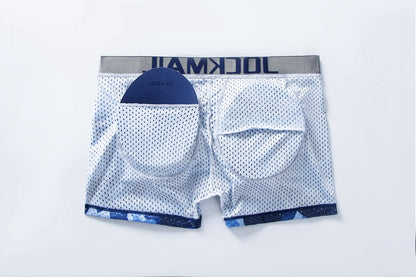 Men's Sexy Fashion Ice Silk Mesh Breathable Soft Comfortable Butt Lift Boxer Briefs Underwear Low Waist Camouflage Quick Dry