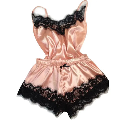 Women's Sleepwear Sexy Lace Satin Pajama Sets Ladies Nightwear Sleeveless Tops+Shorts 2 Pcs Sets for Women Pijama