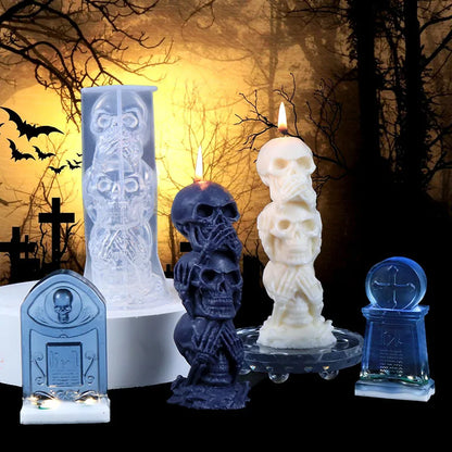 Halloween Ornament Candle Silicone Mold  DIY Handmade Epoxy Resin Pumpkin Tombstone Triple Skulls Wax Craft Molds Party Supplies