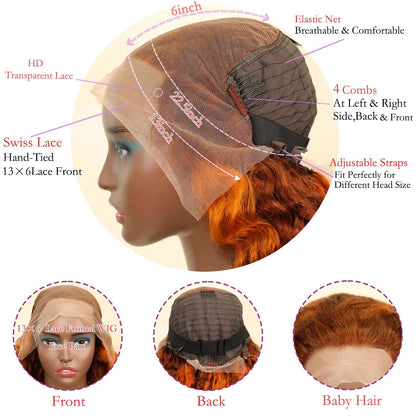 Highlight 4/350 Water Wave 13x6 Lace Frontal Human Hair Wigs Brazilian Ginger Orange Brown Color 13x4 Lace Front Curly Wig 220%