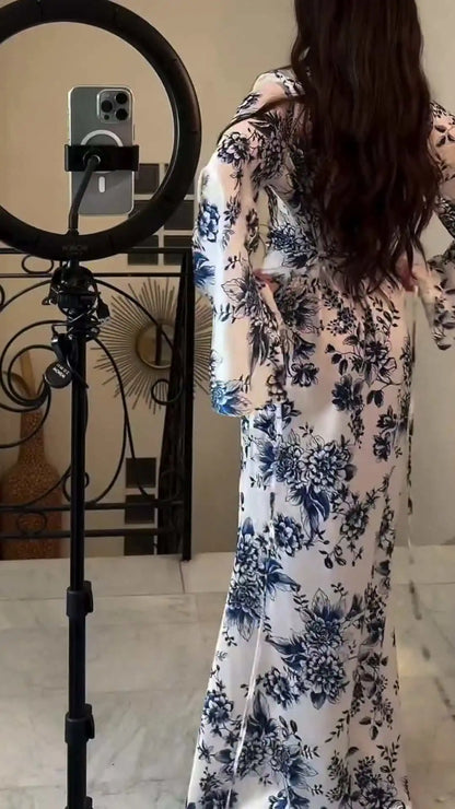 Abaya Muslim Women Flower Print Dress Dubai Long Robe Arabic Vestidos Morocco Kaftan Abayas Eid Ramadan Modest Dresses Jalabiya