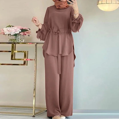 Eid Muslim Outfits Women Shirt Sashes Wide Leg Pants Suit Ramadan Morocco Dubai Islam 2 Piece Set Arab Jalabiya Modest Ensemble