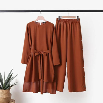 Fashion Eid Muslim 2 Pieces Sets Women Lace-up Blouse & Wide Leg Pant Casual Suit Musulman Modest Clothing Female Elegant Outfit