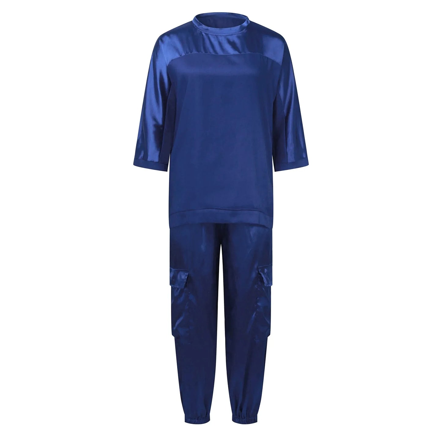 Women's Smooth Satin Short-sleeved Top and Pants Two-piece Set Spring O-neck Lace Up Outfits Summer Sleek Elegance Leisure Suit