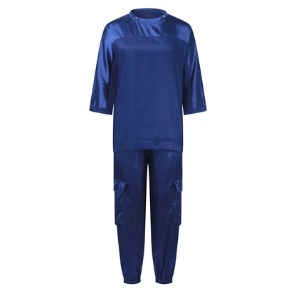 Women's Smooth Satin Short-sleeved Top and Pants Two-piece Set Spring O-neck Lace Up Outfits Summer Sleek Elegance Leisure Suit