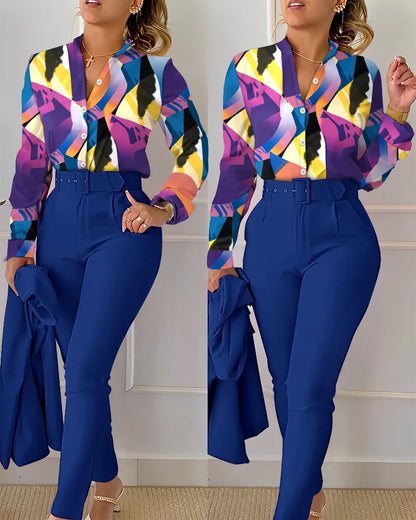 Women's elegant print shirt and pants two piece sets