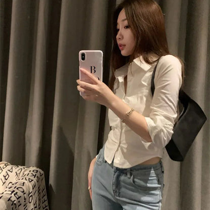 Xpqbb White Shirts Women Korean Style Buttons Folds Slim Fit Crop Tops Female All-Match Daily Design Office Long Sleeve Blouses