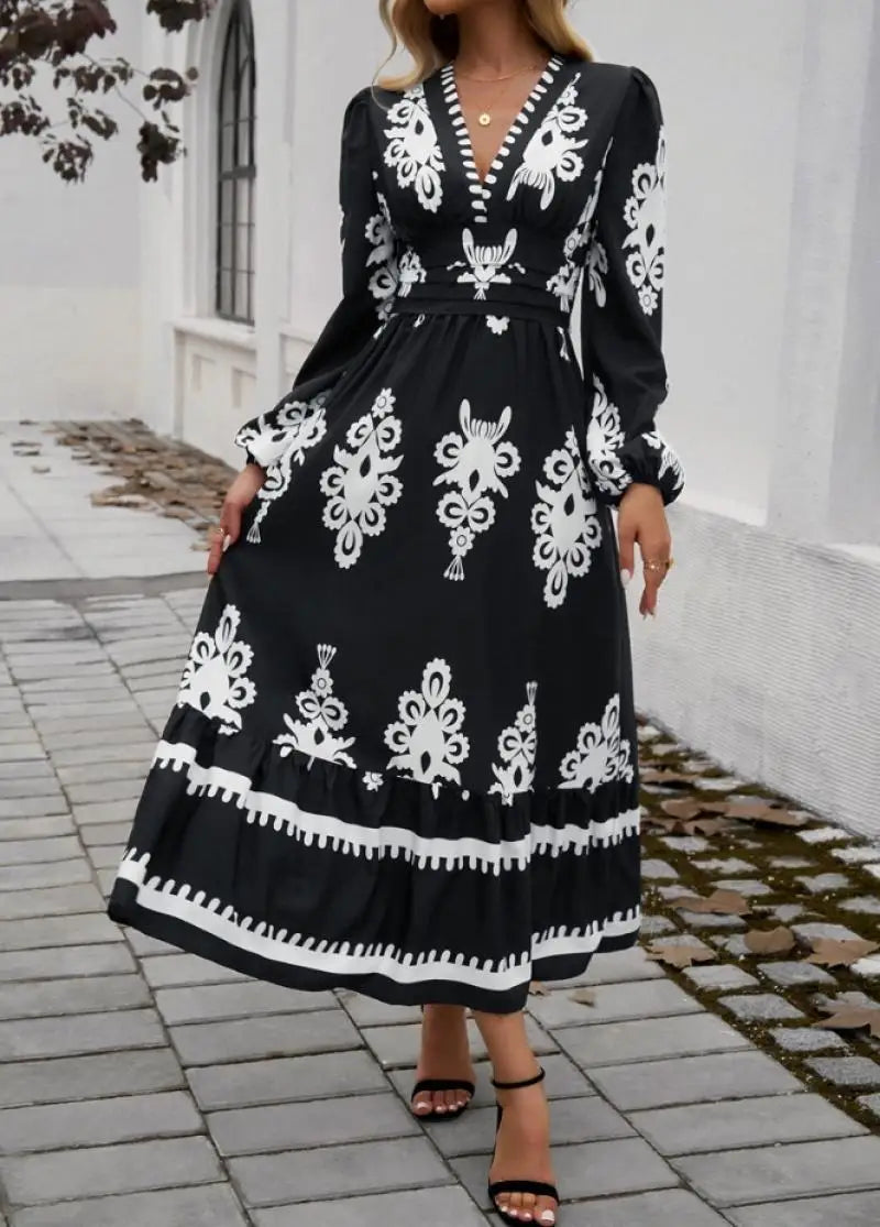 Elegant Dresses Women Summer 2024 Autumn Casual Tribal Ethnic Print V-Neck Long Sleeved High Waist Elegant Vacation A-Line Dress