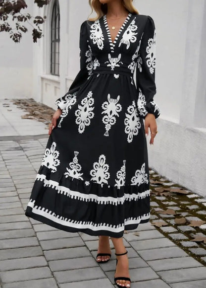 Elegant Dresses Women Summer 2024 Autumn Casual Tribal Ethnic Print V-Neck Long Sleeved High Waist Elegant Vacation A-Line Dress