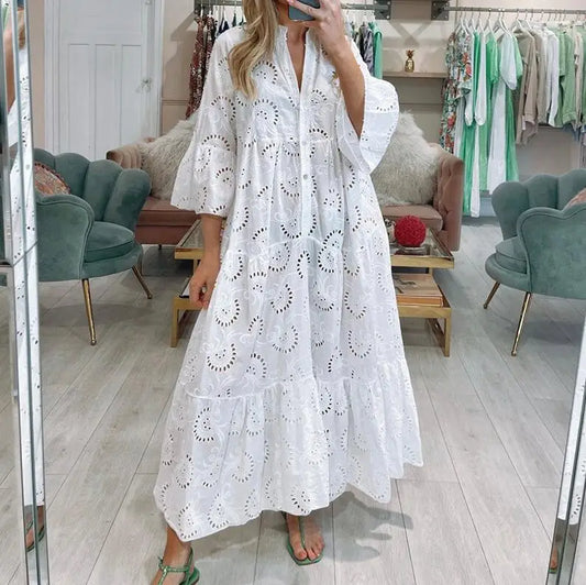 Women Cotton Hollow Out Solid Causal Maxi Dresses Sexy V Neck Half Sleeve V Neck Loose Vestidos Female Elegant Streetwear 2023