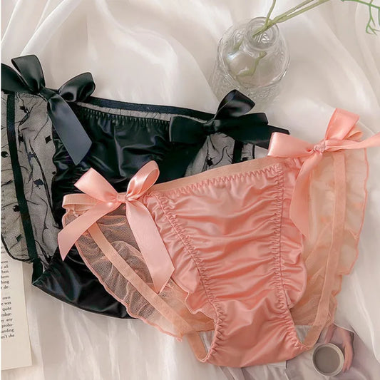 Women Sexy Satin Lace Mesh Transparent Bow Underwear Cute Lovely Sweety Princess Style Soft Panties Ruffles Breathable Breifs