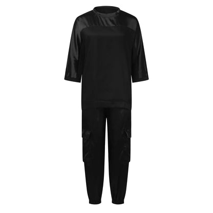 Women's Smooth Satin Short-sleeved Top and Pants Two-piece Set Spring O-neck Lace Up Outfits Summer Sleek Elegance Leisure Suit