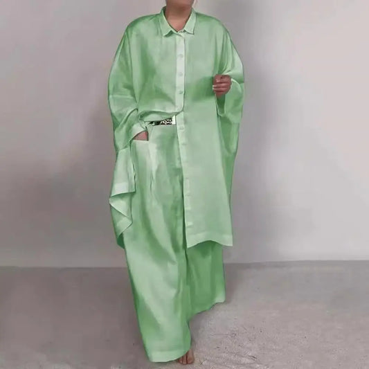 Women Wide Leg Pants Suit Elegant Women's Shirt Pants Set with Lapel Button-down Blouse Elastic Waist Trousers Chic for Fall