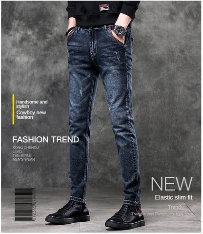 Men's Denim Jeans Classic Stretch Slim Straight-leg Trousers Casual All-match Pants Male Blue Black