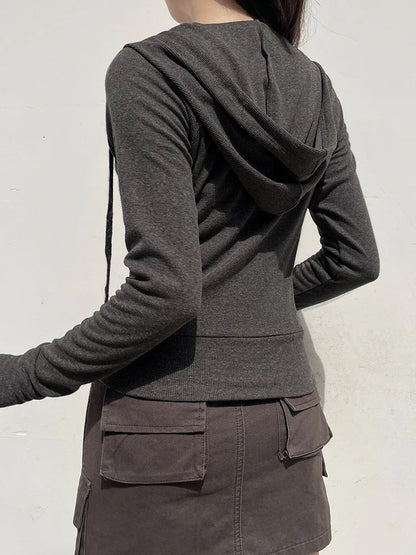 Casual Streetwear Basic Hooded Pockets Sweatshirt Tracksuit Solid Long Sleeve Women Vintage Zip Up Hoodies Fashion Sweatshirts