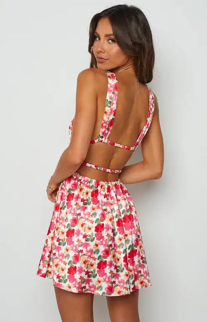 New Women Elegant Floral Printed Mini Dress Sleeveless V Neck Backless Flower Print Summer Club Party Dress Hot Sale S-XL