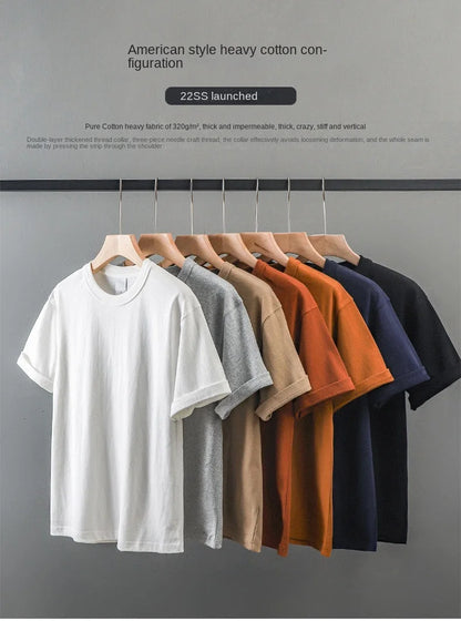 Japanese 320G Heavyweight Short Sleeve T-shirt Men's Summer Pure Cotton Thick Neckline Pure White Half Sleeve T-shirt