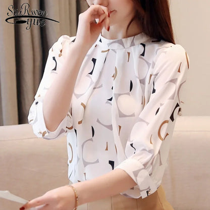 Fashion Women's Clothing Summer Printed Chiffon Blouse Casual Puff Half Sleeve Office Shirt Korean Stand Collar Tops Blusas 2480
