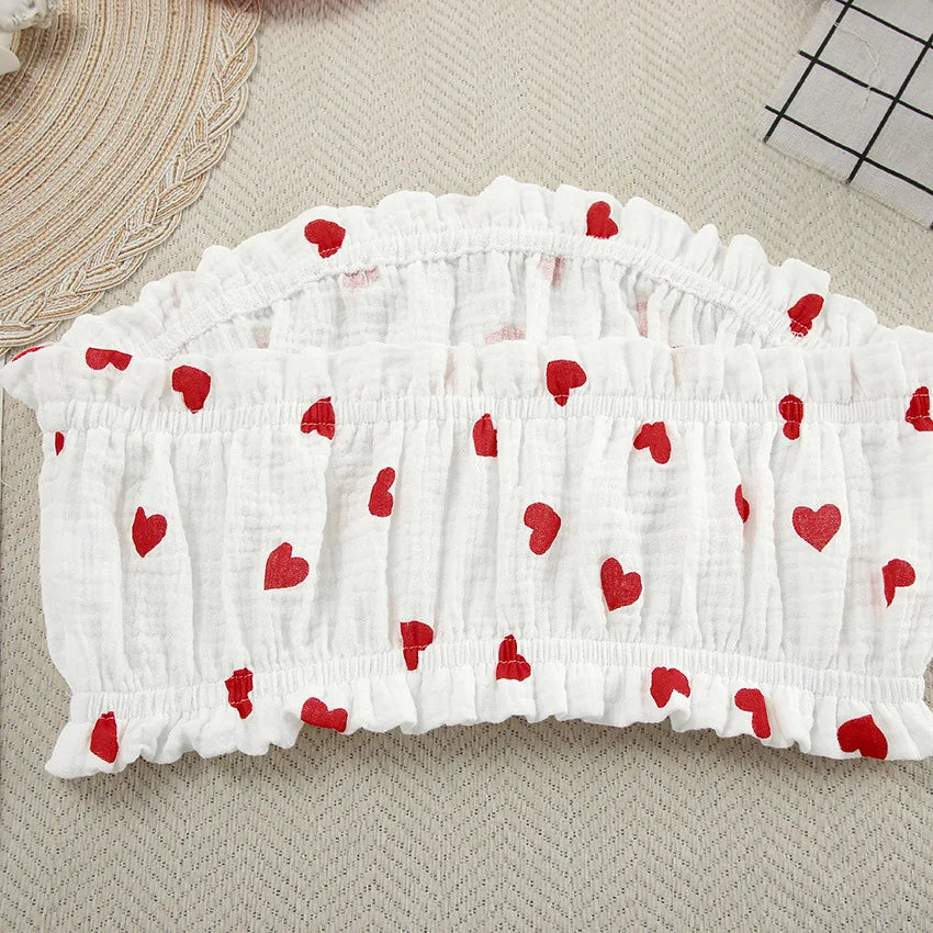 Spring New Fashion Style Love Printed Ruffle Edge Underwear Long sleeved Shorts Three piece Set for Women's Home Fury