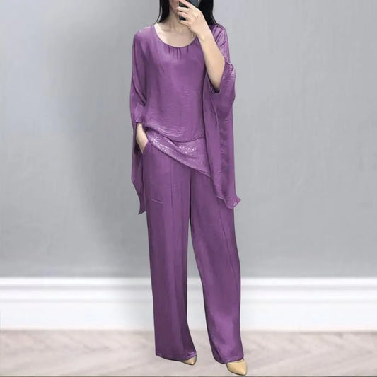 Double-layer Top Suit Stylish Women's Casual Suit with Wide Leg Pants Batwing Sleeve Top for Home Office Party Outfits Stylish