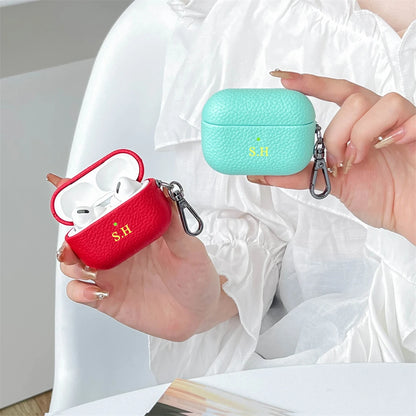 Personalized Initials Letters Customize Earphone DIY Case For Airpods 1 2 3 Pro 2 Luxury Lychee Skin Pattern With Keychain Cover