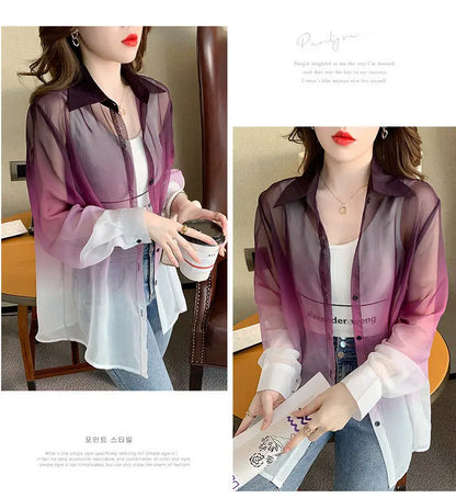Shirts Women Gradient Loose Leisure Summer Sunscreen Lapel Thin Soft Designed Breathable Korean Fashion Clothing Office Lady New