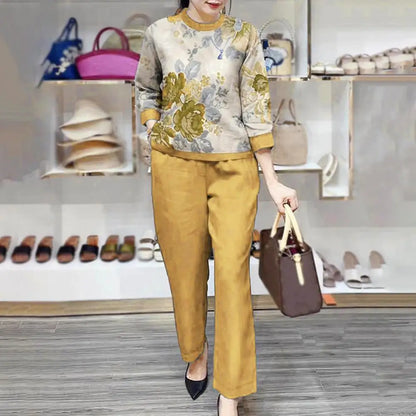 Loose Fit Women Casual Set Floral Print Women's T-shirt Pants Set with Wide Legs Pockets Stylish Spring/fall Suit for Female