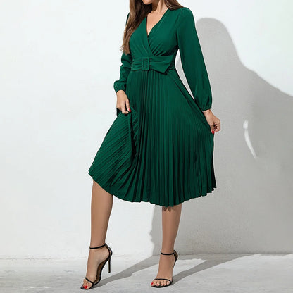 Women's solid color dress dark green V-neck casual slim pleated knee skirt new long sleeve summer and autumn standard code elega